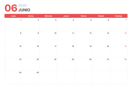 Calendario 2026. La semana del calendario 2026 comienza en lunes. Calendario corporativo minimalista y limpio para Junio 2026