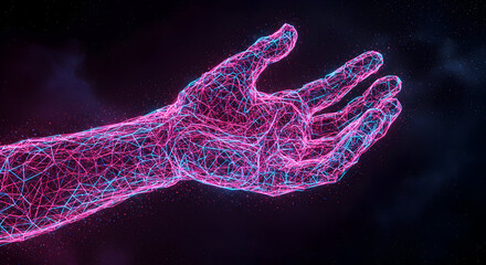 Abstract Wireframe Hand Reaching Out in a Dark, Starry Digital Space with Pink and Blue Neon Glow