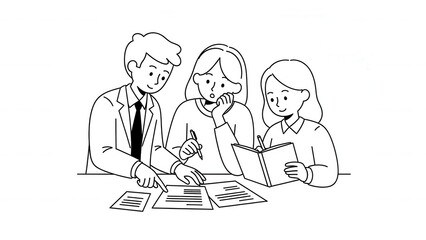 Diverse students collaborating on project, learning together, teamwork, educational concept, line art