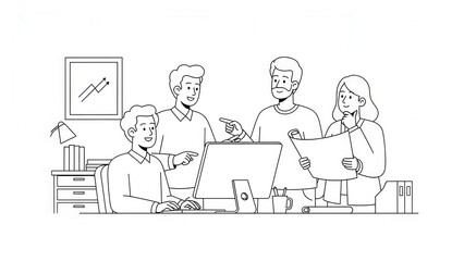 Diverse team collaborating on a project at a modern office workspace