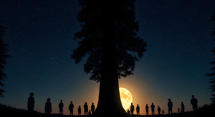 Silhouetted Figures Gather Beneath a Giant Tree Bathed in the Glow of a Full Moon Under Starry Night