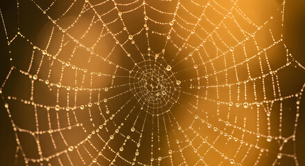 Obraz premium Golden Spiderweb with Water Droplets, Illuminated by Warm Sunlight.