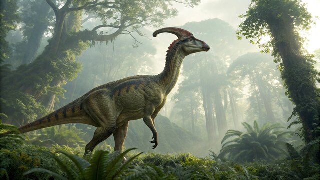 Parasaurolophus Dinosaur with Distinctive Crest in Prehistoric Natural Environment
