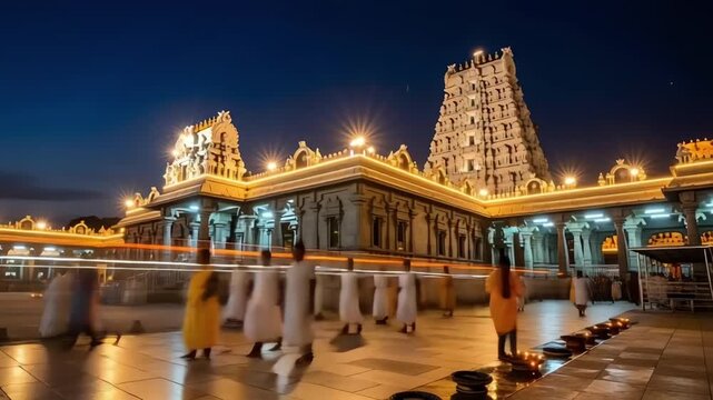 Cinematic wide-angle night video of Tirupati Balaji Temple illuminated by glowing lights. Slow-moving worshippers create gentle motion blur, enhancing the spiritual atmosphere and majestic scale