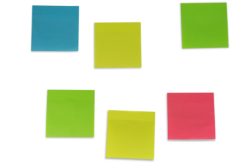 sticky notes paper office supplies background colorful multicolored plain white surface with copy space for banner design concept of education, management, business. 