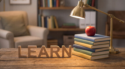 Wooden LEARN Letters, Books, Apple, and Lamp on Desk