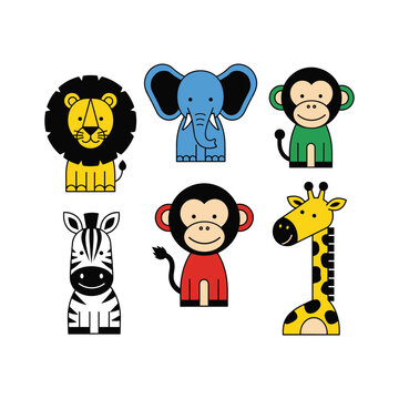 Collection of cartoon animals including lion, elephant, monkey, zebra, and giraffe in a grid layout on a plain background