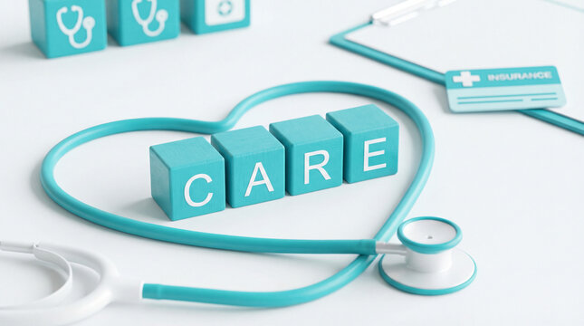 Blocks spell care with a stethoscope in a medical setting during a daytime setup