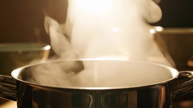 Close up of steam rising from a metal pot filled with boiling water in a kitchen setting with warm lighting and blurred background