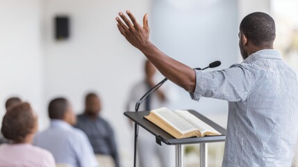 Preacher standing at podium with open Bible, raising one hand while addressing seated audience. Spiritual leadership and public speaking concept in modern worship or community hall setting
