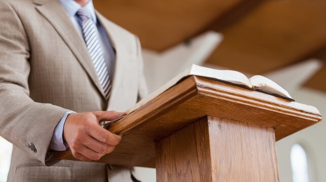 Preacher standing at wooden pulpit with open Bible, delivering sermon inside church. Spiritual guidance, faith and public speaking concept in worship setting