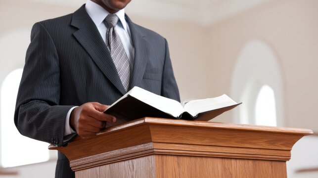 Pastor reading from Bible at podium during church service. Religious teaching, inspiration and community gathering in peaceful indoor sanctuary