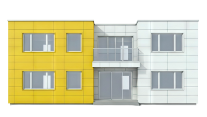 Modern Building Facade with Yellow and White Panels and Large Windows