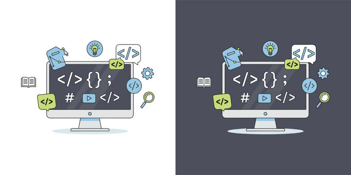 Computer monitor displaying coding symbols surrounded by various development icons on a dual background