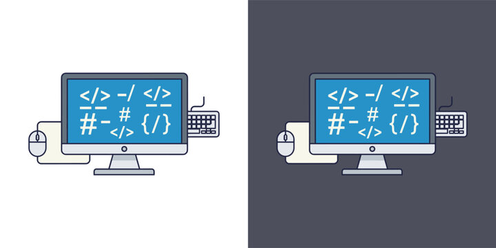 Dual computer monitors showcasing coding interface on blue screens with peripheral devices