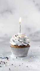 Minimalist Silver Cupcake with White Pearl Sprinkles and Candle on Grey Background
