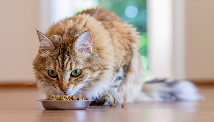 Cat eating from bowl.