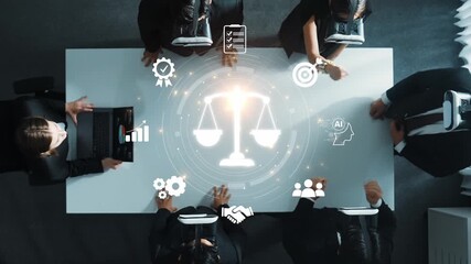 Aerial view of a diverse team engaged in a business meeting discussing law and justice concepts with digital graphics, emphasizing professional collaboration and strategy. Raster - Powered by Adobe
