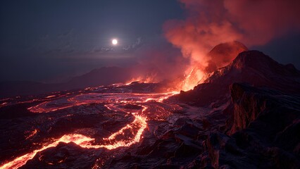 Dramatic Volcanic Eruption at Night with Flowing Lava Under Crescent Moon