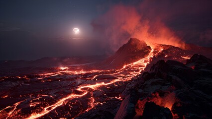 Dramatic Volcanic Eruption at Night with Flowing Lava Under Crescent Moon