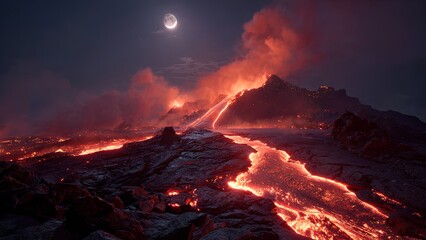 Dramatic Volcanic Eruption at Night with Flowing Lava Under Crescent Moon