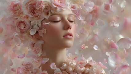 Dreamy Floral Woman Portrait Surrounded by Soft Pink Rose Petals Fantasy Art