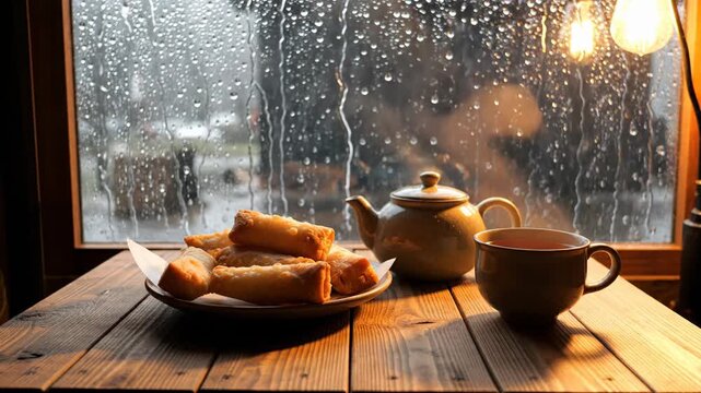 Cozy Indoor Scene With Hot Tea And Spring Rolls On A Wooden Table Next To A Window With Raindrops On The Glass With Warm Lighting And Blurred Outdoor Background