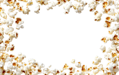 Scattered popcorn kernels frame layout create a fun cinematic effect perfect for movie promotions or snack advertising.