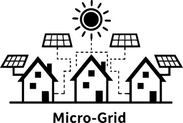 Fototapeta premium Sustainable Micro-Grid Solar Community and Renewable Energy Network, Eco-Friendly Smart City Concept, Black Vector Graphic Isolated on White