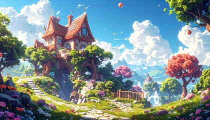 Obraz premium Whimsical House in Lush Garden Landscape.