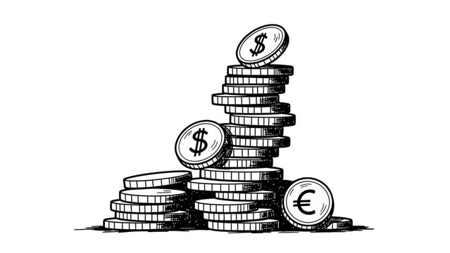 Hand-drawn sketch of stacked coins with dollar and euro symbols, representing finance and wealth.