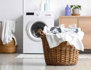 A laundry room scene with a wicker basket overflowing with clothes, washing machine, and wooden cabinet in the background