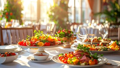A lavishly set table with various dishes & fresh garnishes, bathed in golden sunlight. The atmosphere is elegant & inviting