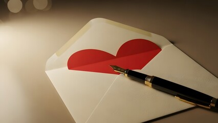 Open envelope revealing red heart with an elegant fountain pen, symbolizing love and heartfelt communication