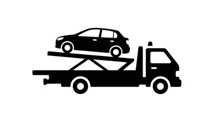 Fototapeta premium Vector illustration of a black tow truck icon with a car being transported, on transparent background