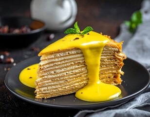 A layered cake slice, creamy filling, topped with smooth yellow sauce, fresh mint sprig, served on a black plate with a dark background