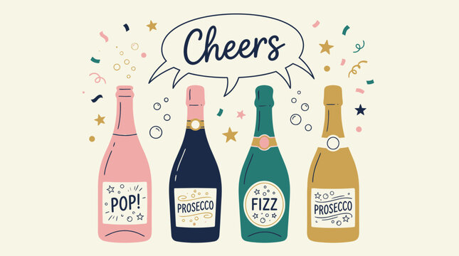 Hand Drawn Cheers Pop Fizz Prosecco Bottles Celebration Illustration