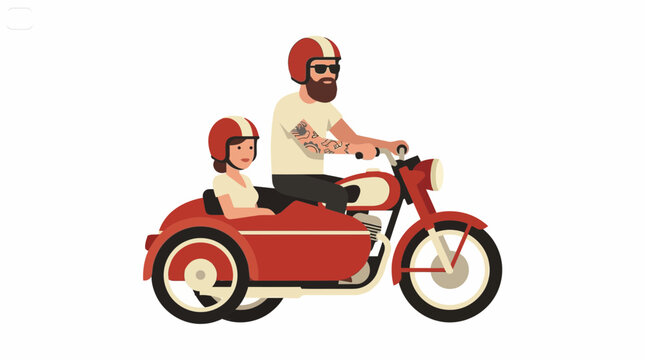 Hipster Couple Riding Motorcycle with Sidecar Vector Illustration