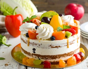 A layered cake with cream frosting and an assortment of fresh fruits. Vegetables and apples are in the blurry background