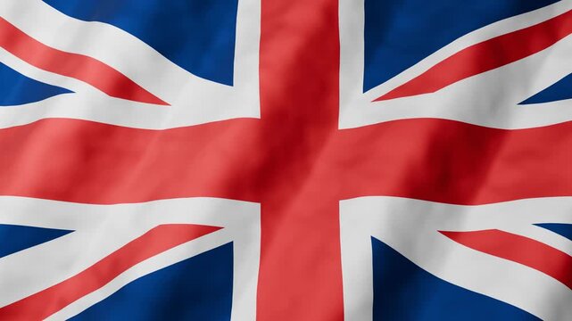 3D animation of united kingdom national flag waving in seamless loop. Full frame background with blue, red, and white colors and union jack symbol