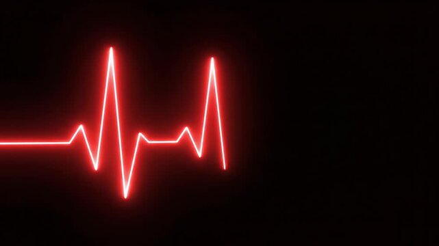 A dynamic collection of neon heartbeat lines and heart shapes symbolizing health, vitality, and medical technology simplicity with vibrant red glow on dark background.