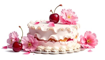 A layered cake with pink frosting, cherries, and delicate flowers, on a white background