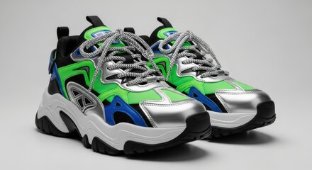 Chunky athletic footwear featuring bright neon green, metallic silver, and royal blue accents sits against a light  background.