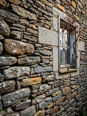 Old stone wall texture of building and window with climbing plant