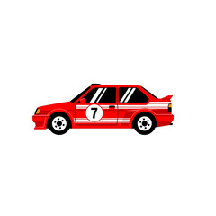Fototapeta premium Dynamic Red Rally Racing Car Vector Illustration with Number 7 and White Stripes, Side View on Isolated White Background