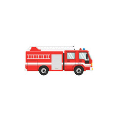 Red Fire Truck Vector Illustration with Ladder and Siren Lights on White Background, Emergency Rescue Vehicle