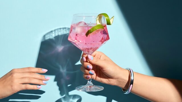 Hands holding pink cocktail with lime on light blue background with shadows