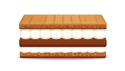 A layered dessert, featuring graham crackers, marshmallow, and chocolate. It is horizontally presented on a white background, highlighting each component