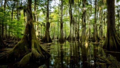 Obraz premium Mystical Swamp Landscape - Cypress Trees and Reflections in Still Water.
