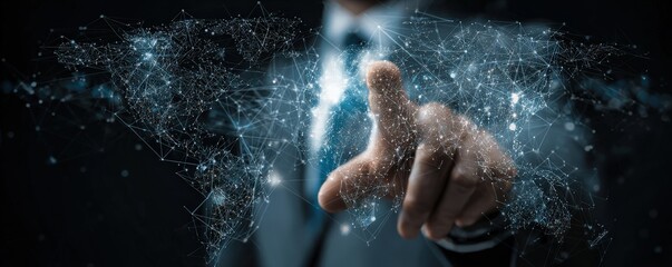 A businessman interacts with a digital world map made of interconnected lines and nodes, symbolizing global connectivity and technology.